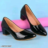 Black patent leather heeled sandals - Indian formal footwear with multiple styles (block, cone, spool, comma, pencil, slim, comfort, kitten), slip-on design, and pointed toe